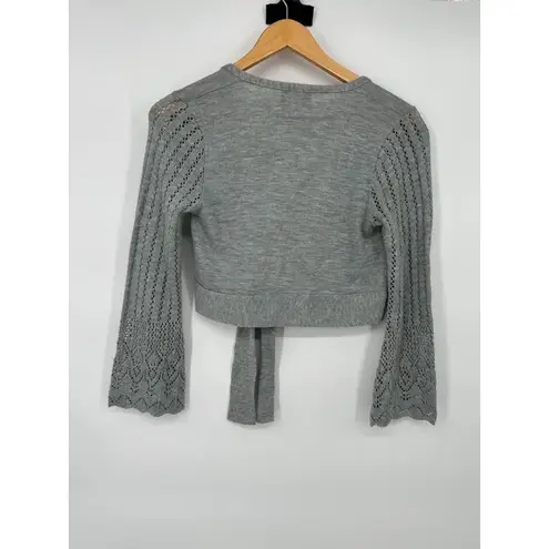 Y2K Vintage Hot Shot Grey Cardigan Tie Sweater Shrug Crochet Bell Sleeve Women M Gray Size M