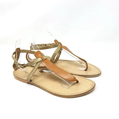 Niccolo Vacari Thong Sandals Tan Leather Gold Made in Italy 10 Flat Minimalist