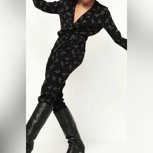 Ba&sh Fady Noir Floral Print Crossover V-Neck Viscose Jumpsuit Black US Size 8