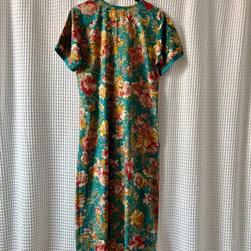 Hana silky teal floral print maxidress/house dress/swim coverup women's medium Green