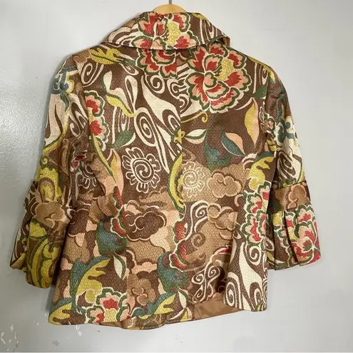 Lafayette 148 Floral Print Cropped Ruffle Jacket 6 Brown