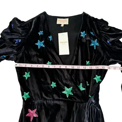 Rococo Sand Amos Black Velvet Sequin Star Wrap Mini Dress Women’s Size Small NWT