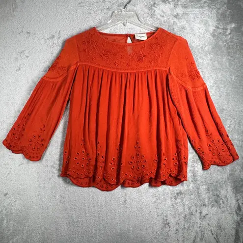 Haute Hippie Rena Blouse Embroidered Peasant Eyelet Bell Sleeve Orange Womens XS
