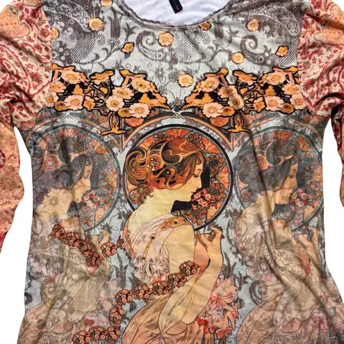 Y2K VTG. MADE IN USA ART NOUVEAU ALL OVER PRINT NU CONSTRUCTION TOP MEDIUM EUC Orange