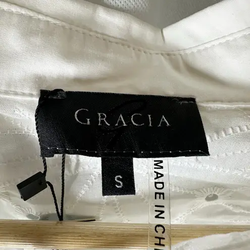 Gracia Bow Waist Long Sleeve Embroidered Full Button Top Size Small Minimalist