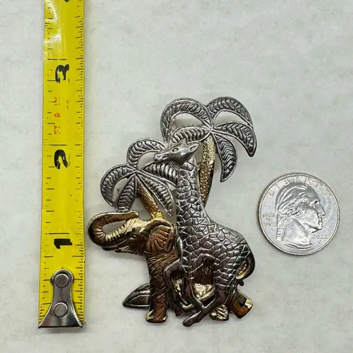 Vintage MJ Brooch Pendant Elephant Giraffe Palm Trees Gold Silver Tone Signed