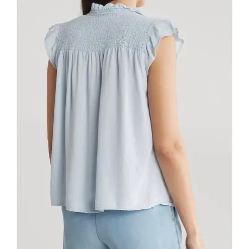FOR THE REPUBLIC Smocked Ruffle Sleeveless Top XS Baby Blue Chambray