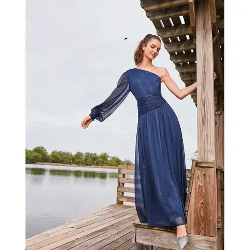 Badgley Mischka Alice Long Sleeve One Shoulder Gown in Navy Size US 2