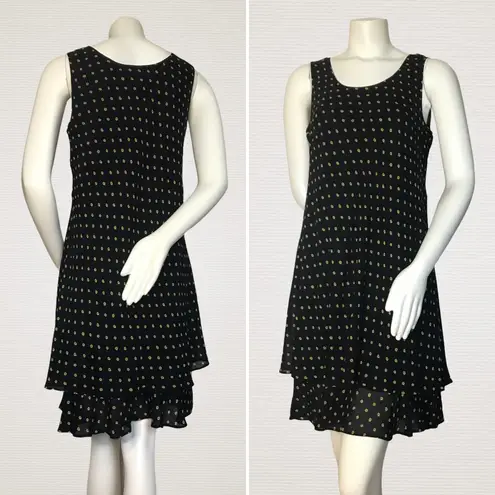 Polka Dot Dress Chiffon Ruffle Layers Black Sleeveless Gold Pattern Scoop Neck Size M