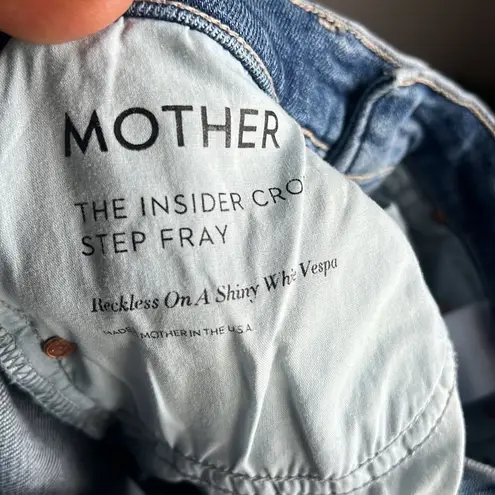 Mother The Insider Crop Step Fray Jeans in Reckless On A Shiny White Vespa Blue Size 24
