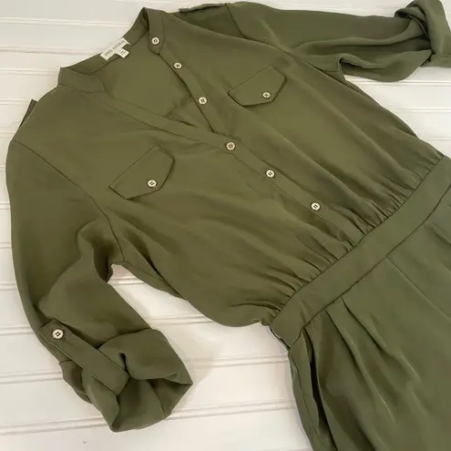 Miss Avenue Women Green Pleated Long Sleeve Pocket Button Romper Size L