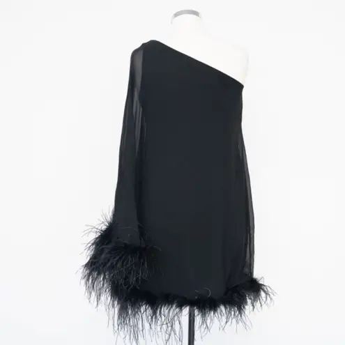 Betsy and Adam . Feather Trim Single Long Sleeve Cocktail Dress.