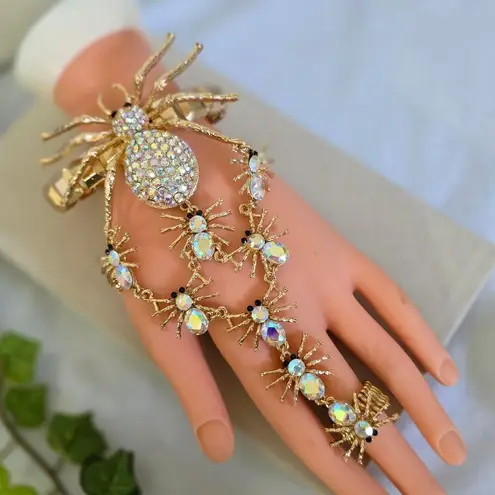 Boutique Unique Statement Gold Bracelet / Anklet with Attached Ring AB Spider Des…