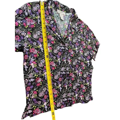 Sag Harbor Black Purple Floral Short Sleeve Button Up Midi Skirt Set PXL