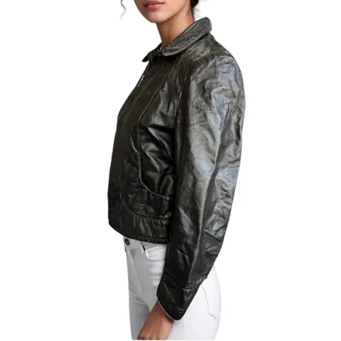 Vintage Black Leather Motorcycle Jacket motto jacket biker classic winter Size M