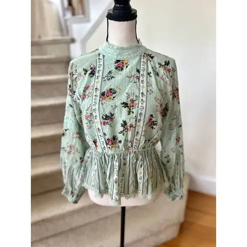 Hemant and Nandita Mint Green Floral Cottagecore Peplum Victorian High Neck Blouse