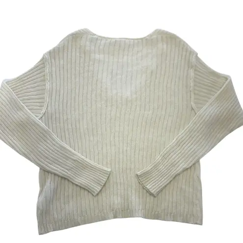 AEMI+CO Sweater Womens Small Cream Ribbed V Neck Pullover Long Sleeve Knit Soft