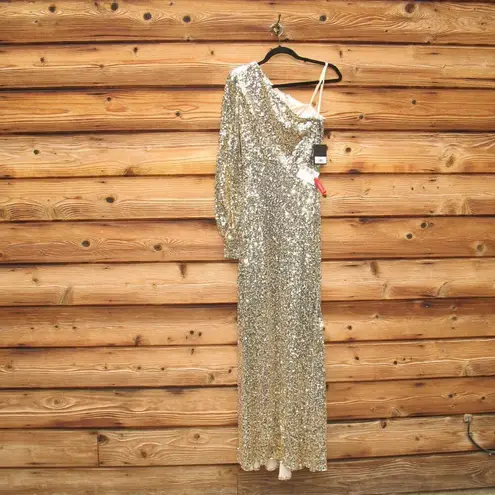 Mac Duggal 26717 SEQUINED ONE SHOULDER BISHOP SLEEVE TRUMPET GOWN