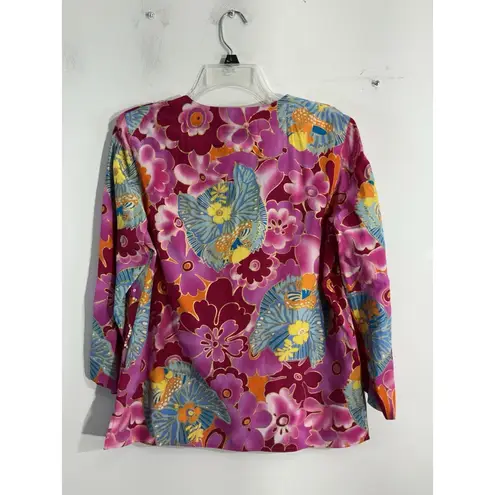 Diane Gilman Womans Small Multicolor Floral Silk Sequin Button Down Blouse