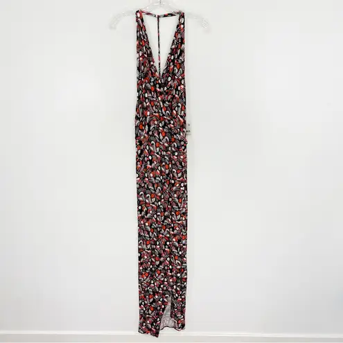 Free People  Daria Halter Maxi Dress Black Orange Low Back Wrap Slit Plunge