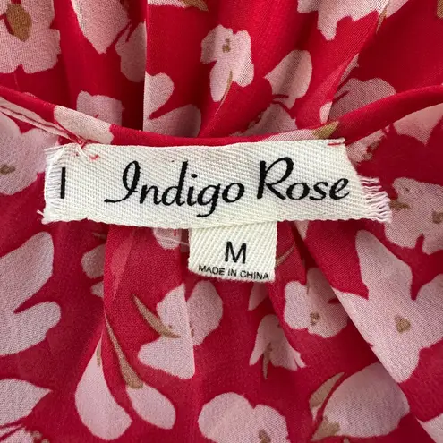Indigo Rose Red & Ivory Floral Print Short Sleeve Pleated Relaxed Fit Midi Dress Size M