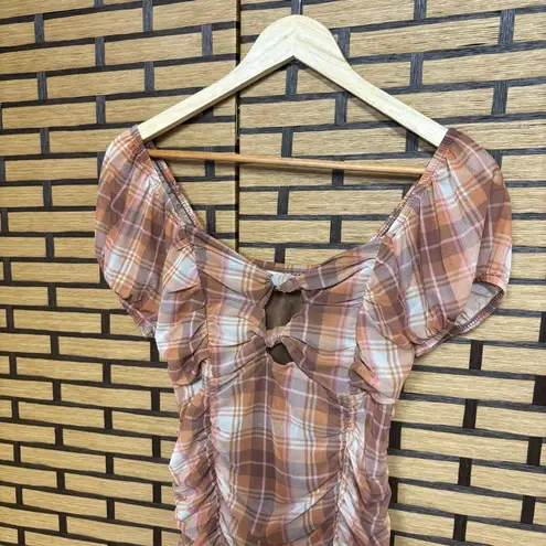 Madden NYC Brown And Orange Plaid‎ Ruched Dress Size Large