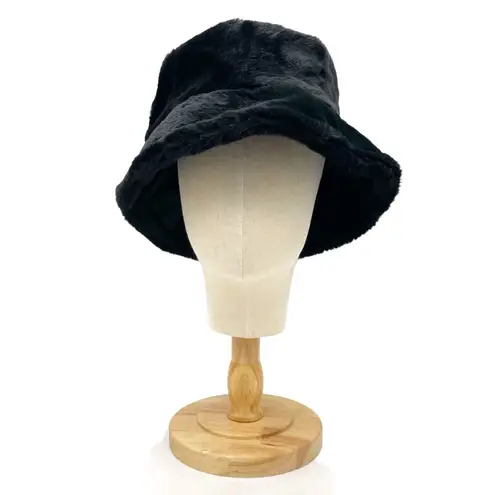 Black Faux Fur Bucket Hat Winter Soft Plush Fuzzy Warm Outerwear Unisex One Size