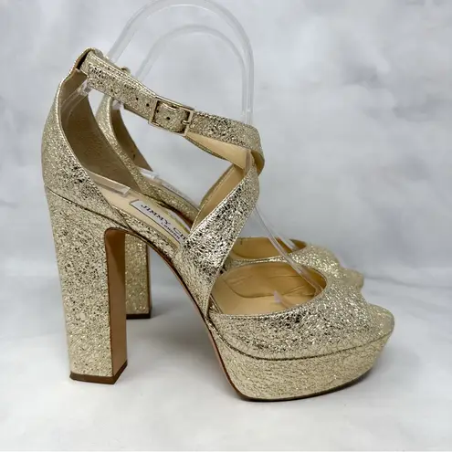 Jimmy Choo April 120 Metallic Foil Leather Platform Sandal Block Heels Gold 39