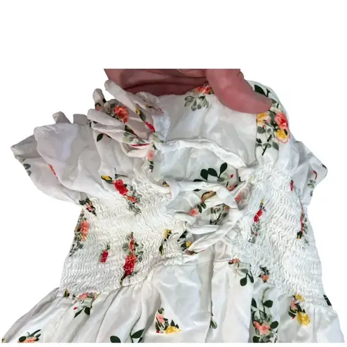 Stella Tweed Romantic Summer White Floral Smocked Blouse Medium Milkmaid Cottagecore Peasant