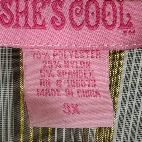 she's cool She’s Cool Gray & Gold Metallic Striped Stretch Button Front Shirt 3X