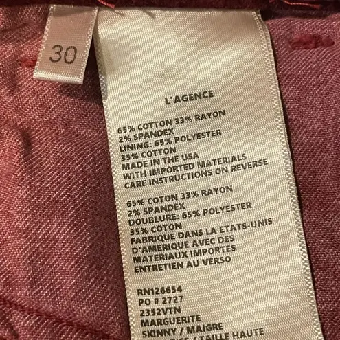 L'Agence Maroon Red Cropped Soft Mid Rise Velvet Skinny Pants Jeans Size 30