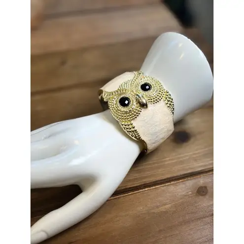 Gold & Ivory Owl Bangle Bracelet With Textured Detail