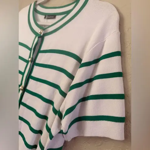 Pretty Garden Striped Short Sleeve Cardigan Sweater Green White Pearl Buttons L Size L