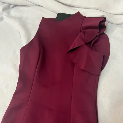 Black Halo Pabla one shoulder ruffled scuba high slit gown