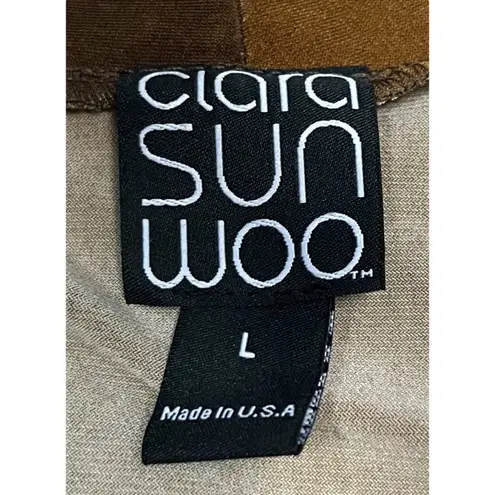 Clara Sun Woo Top Crossover Faux Wrap Size Large Navy Mustard Long Sleeve Travel Gold