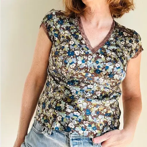 Y2K Floral Womens Tops Silk Size Small/Medium Lace Trim Cottage core Boho Vibes Brown
