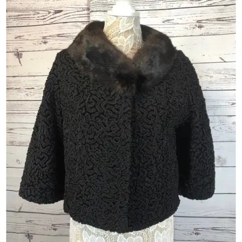 Vintage 1960's Faux Persian wool crop coat with fur collar black size medium