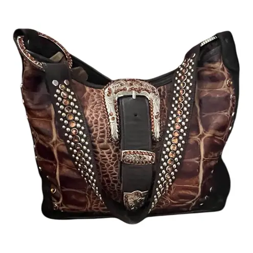 Raviani With Signed b.b.Simon Rhinestone Buckle Croc Embossed Leather Handbag. Brown