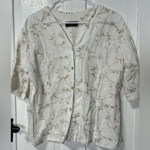 Luiselle Moda Positano Made In Italy Linen embroidered button down Top blouse LG White