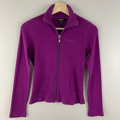 Bebe Vintage Y2K Purple Rhinestone Mockneck Pullover Full Zip Fitted Sweatshirt