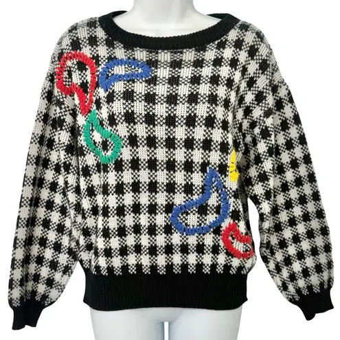 Vintage Black White Check Wide Stitch Rainbow Detail Crew Neck Sweater size S