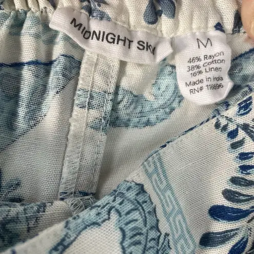 Midnight sky 2 Piece M Coastal Blue Seashell Print Crop Top Pants Linen Blend