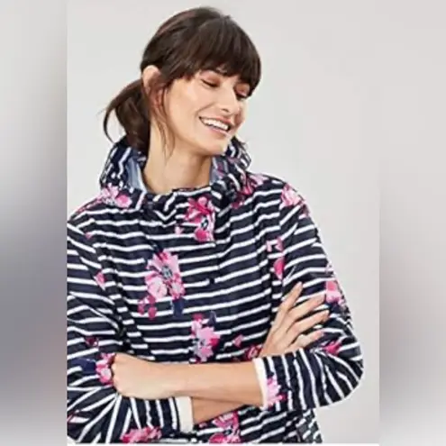Joules Women’s Navy Blue White Stripe with Pink Flowers Rain Coat Jacket Sz 4