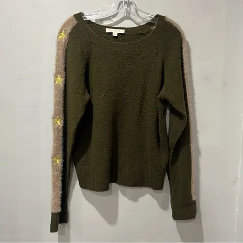 Lovestitch Olive Green sweater Stars On Sleeves Size Large Fuzzy Round Neck
