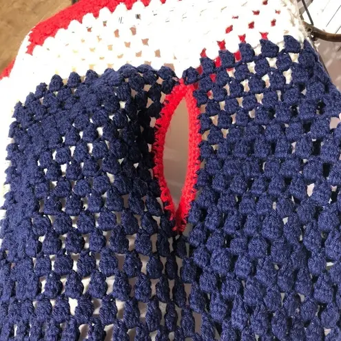 Vintage 80s 90s Crocheted Wool Poncho Cape Red White Blue Large XL