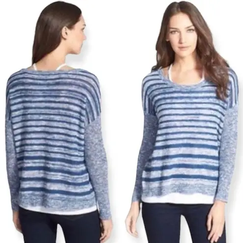 Eileen Fisher  Organic Linen Blend Striped Blue Contrast Pullover Sweater