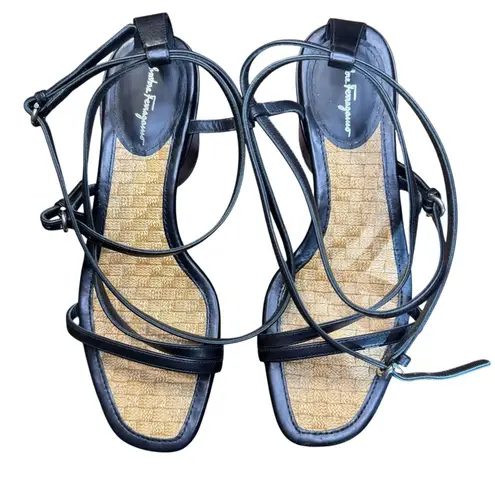 Salvatore Ferragamo Shoes Womens Size 6 Black Leather Wedge Sandals Made Italy