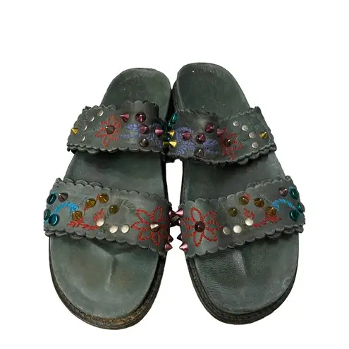 Free People  Spellbound Leather Embroidered Studded Slide Sandals SZ 41 or 10 WMN