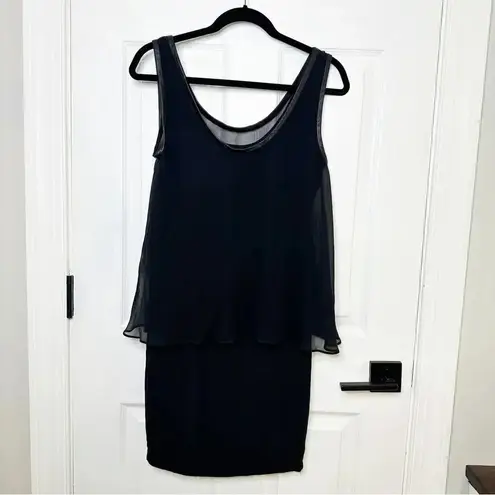 Elizabeth and James Black Sheath Dress Lamb Leather Trim Chiffon Overlay XS