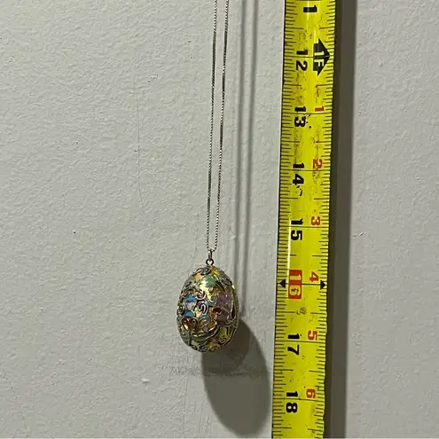GOLD FLLD CHINESE CLOISONNÉ ENAMEL EGG FLWR PENDANT 925 CHAIN NECKLACE Italy VTG
